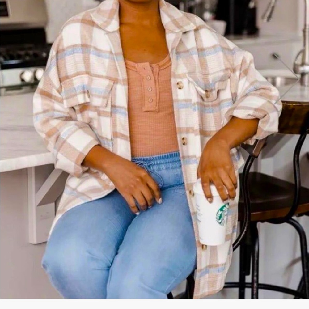 Pink Lily shacket - cream/blue/tan plaid wool blend button front oversized